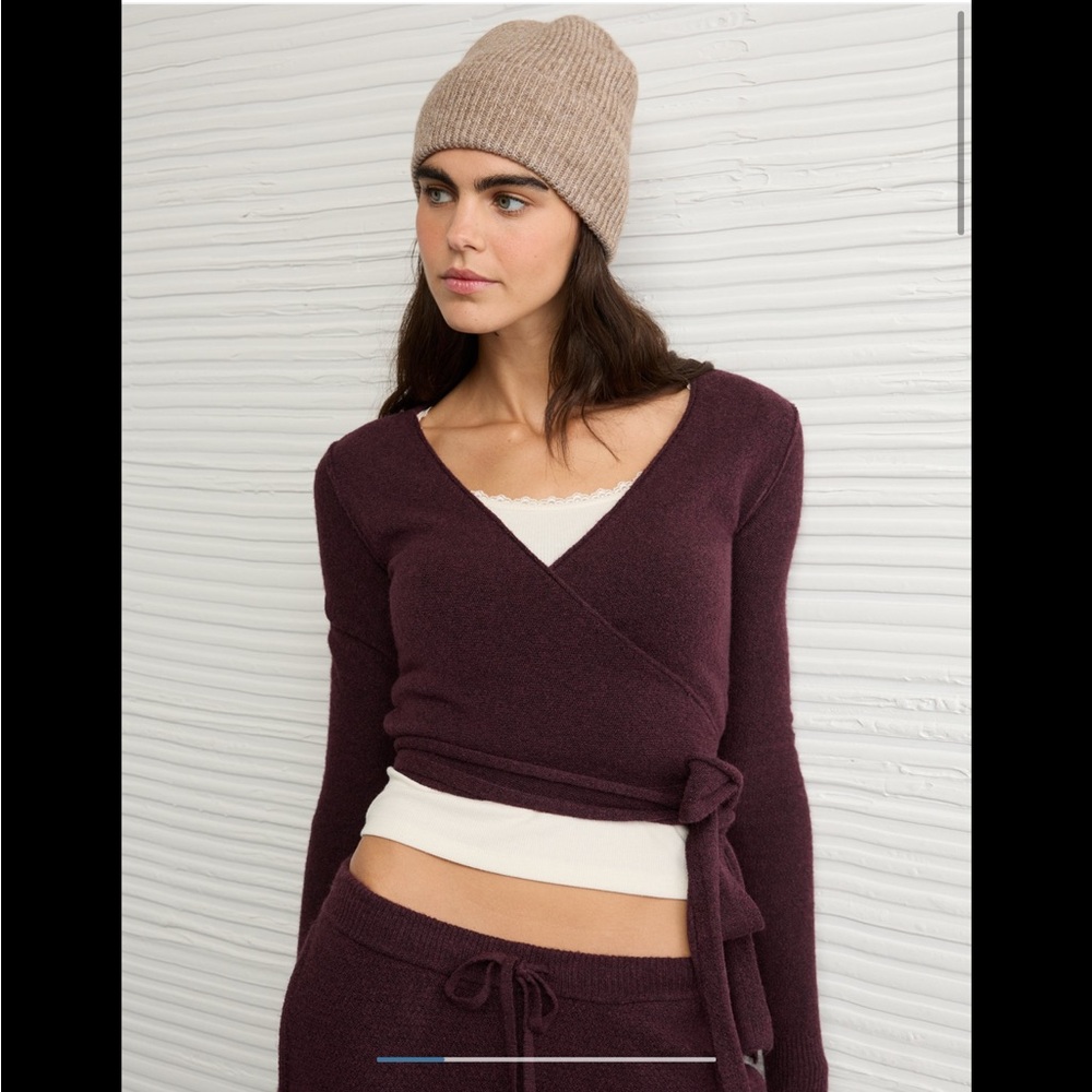 AE Whoa So Soft Ballet Wrap Sweater Top in Purple, Medium